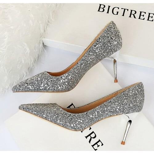 2020 New Women Pumps High Thin Heels Pointed Toe Metal Decoration Sexy Women Shoes Sliver Gold High Heels