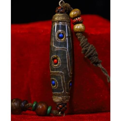 4"Tibet Temple Collection Old Natural agate Filigree mosaic Gem Burst old Dzi Bead Nine Eyes Pendant amulet Town House Exorcism