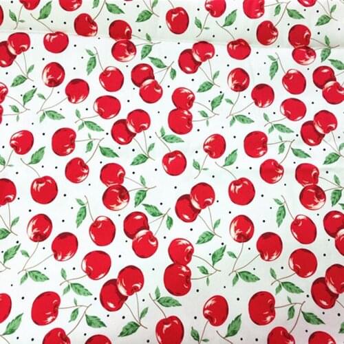 50x135cm Red Cherry Green Leaf Black Dot Printed Cotton Spandex Fabric Cloth Dress Home Decor