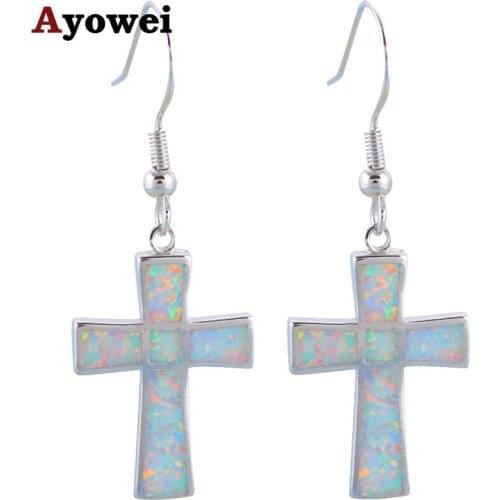 Ayowei New DIY Design Cross Top Sell Trendy White Fire Opal Silver for Women Party Fashion Jewelry Drop Earring OE661A