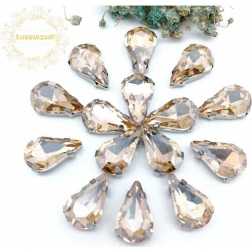 Free shipping! Champagne Water drop shape Glass Crystal sew on rhinestones with claw Diy Clothing accessories