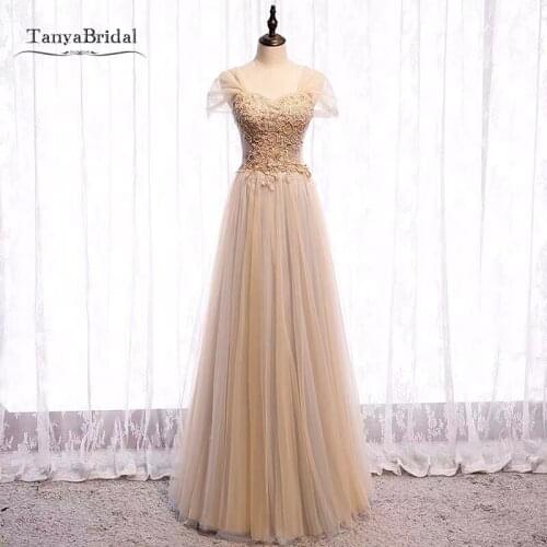 Champagne A Line Prom Dresses Long Short Sleeves Sweetheart Lace Beads Tulle Evening Formal Gown JQ755