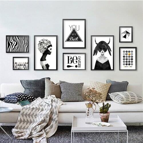 Nordic Style Decorative Painting Living Room Creative Black And White Characters Women Leaves Letters Picture Canvas Wall Poster