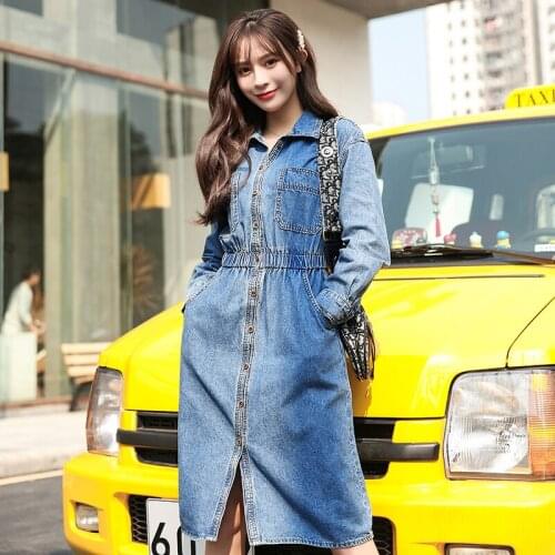 Denim Dress Demale 2019 Spring And Autumn New Long-Sleeved Slim Elastic Waist Single-Breasted Turn-Down Collar Knee-Length Dress