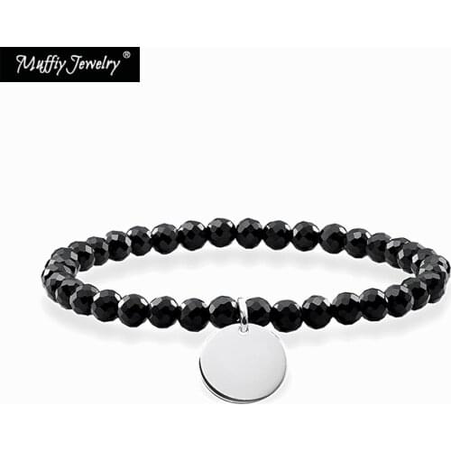 Onyx Faceted Bead Round Silver Disk Bracelet,Europe Style Good Punk Jewelry For Women,2017 Fashion Gift In 925 Sterling Silver