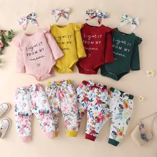 FOCUSNORM 3pcs Baby Girls Boys Clothes Suit Set Letter Embroidery Long Sleeve Romper+ Floral Print Pants+ Headband 0-24 Months