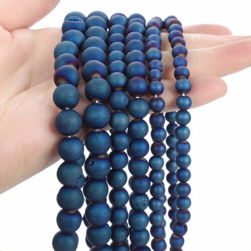 LFNatural Stone Beads Royal Blue Metallic Titanium Coated Natural Druzy Quartz Agat Round Loose Beads For Jewelry Making 6-12mm