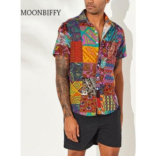 Mens Ethnic Short Sleeve Beach Hawaiian Tops Blouse Tropical Streetwear Summer Printing Button Down Hip Hop Shirts Plus Size