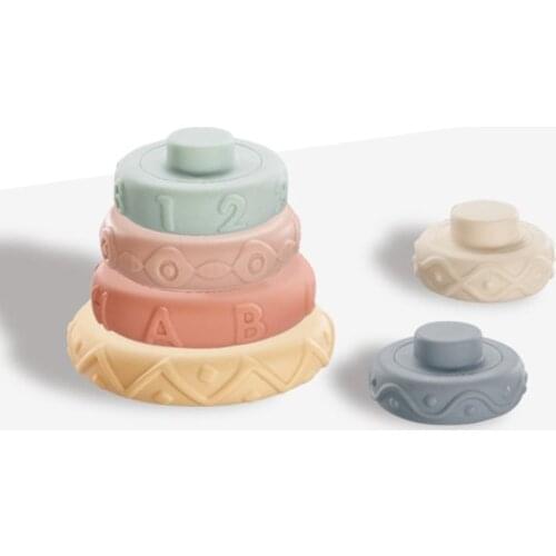 Soft Rubber Rainbow Circle Six Stacking Toy 3d Puzzle Building Blocks Stacked Infant Rubber Seesaw Ring Toy