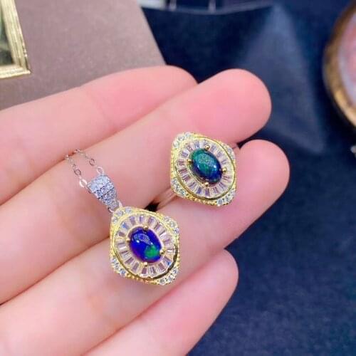 New Arrival Real Natural Black Opal jewelry set Natural Real Black Opal 925 sterling silver 1pc pendant,1pc Ring