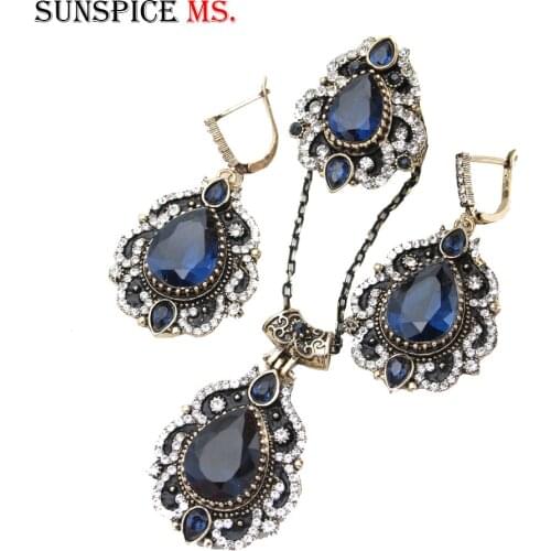Exquisite Turkish Women Flower Resin Jewelry Sets Hook Earring Antique Gold Color Vintage Ring Nigeria India Crystal Necklace