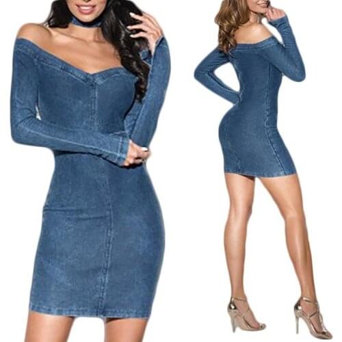 2021 Womens New Sexy One-shoulder Denim Skirt Torticollis Vestdos Torticollis Summer Long-sleeved Jeans Dress Jacket Slim Dress