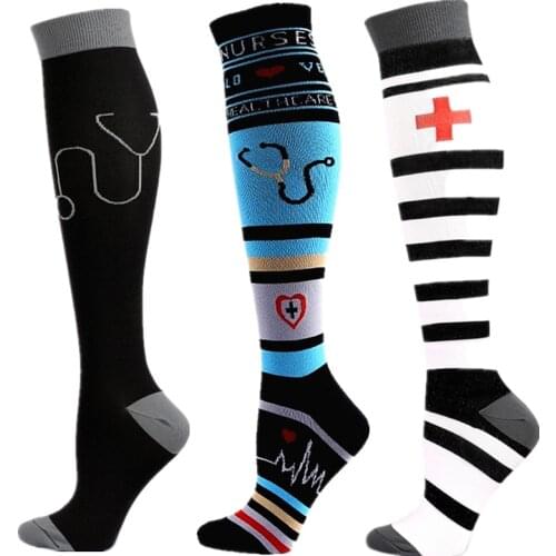 New Compression Stockings Knee High Stethoscope Black Prints Socks Fit Medical Pregnancy Edema Diabetes Nursing Varicose Veins
