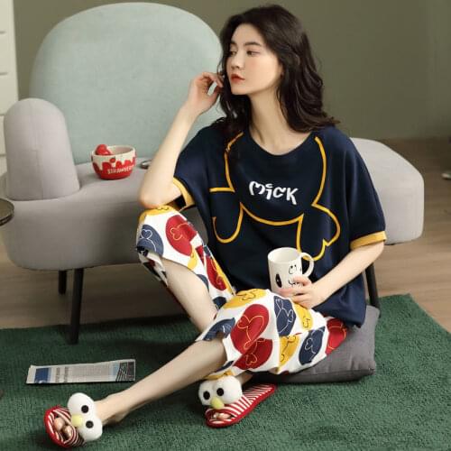 Pajamas Womens Summer Cotton Short-sleeved Cropped Trousers Student Korean Style Cute Summer Homewear Suits Pj Sets 2021