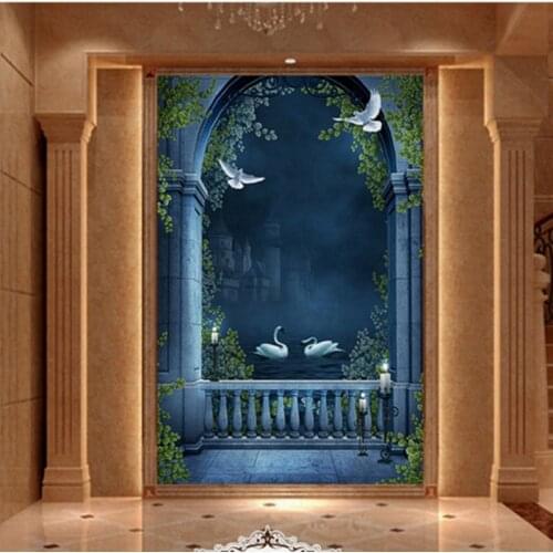 Drop Shipping Custom Photo Wallpaper Castle Swan Beautiful Night View Wallpaper Mural Hotel Corridor Background Decorative
