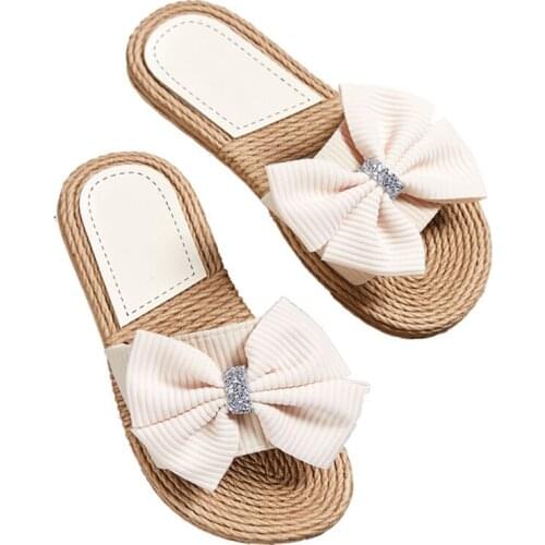 Women Summer Casual Slides Comfortable Flax Slipper Striped Bow Rhinestone Decoration Platform Sandals Ladies Indoor Shoes hy440