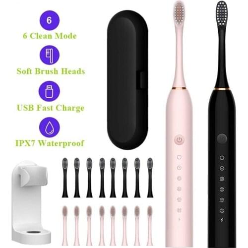 Sonic Electric Toothbrush Adult Brush 6 Mode USB Charger Rechargeable Whitening Teeth Tooth Brushes Replacement Heads Set IPX7