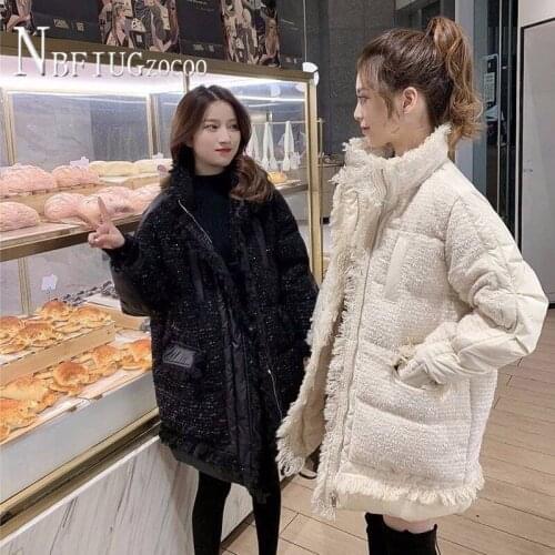 Tweedy Patchwork Long Style Women Parkas Fashion Thick Tassel Outwear Female Coat