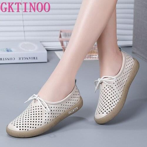 GKTINOO New Breathable Genuine Leather Summer Shoes Woman Flats Hollow Comfortable Ladies White Loafers Soft Casual Shoes