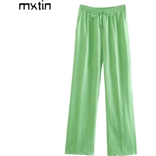 MXTIN 2021 Women Spring Fashion Solid Straight Pants Vintage Elastic Waist Drawstring Tie Fly Side Pockets Female Ankle Trousers