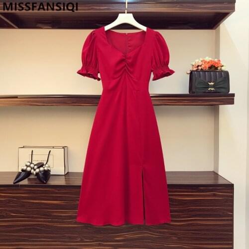 Plus Size 2021 Summer Solid Dress For Women Short Puff Sleeves Square Collar A-Line Split Bodycon Elegant Midi Holiday Dresses
