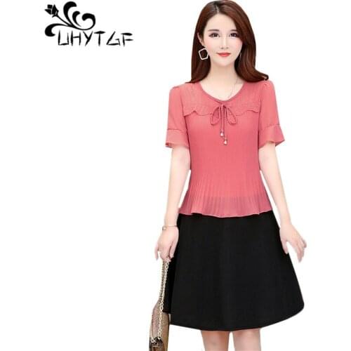 UHYTGF Woman dress fashion chiffon splice summer dresses beaded O neck pullover elegant female dress 5XL plus size vestidos 1580