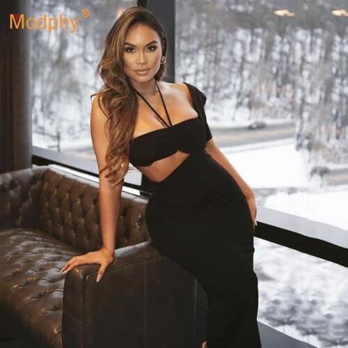 Black Sexy One-Shoulder Bodycon Party Dress WomenS Short Sleeve Hollow Fashion Club Celebrity Evening Party Midi Dress 2020 New