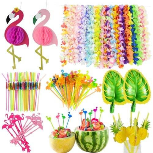 Hawaii Theme Birthday Party Cake Toppers Flamingo Pineapple Umbrella Drinking Disposable Straws For Summer Wedding Aloha Decor