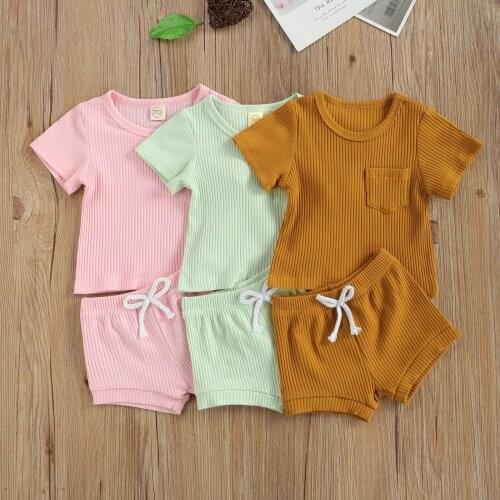 Baby Clothing Set Solid Ribbed Short Sleeve Tops + Shorts 2pcs Suit Cotton Knitted Children Infant Cute Outwear