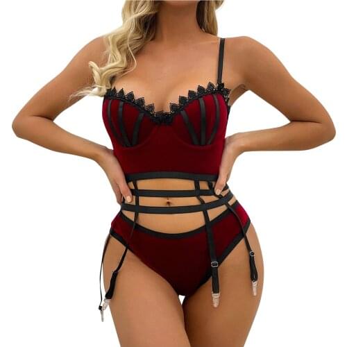 Push Up Bra And Briefs Lingerie Set With Garter Belt Embroidery Velvet Lace Underwear Women Set Erotic Lingerie Sexy Bra Sets L