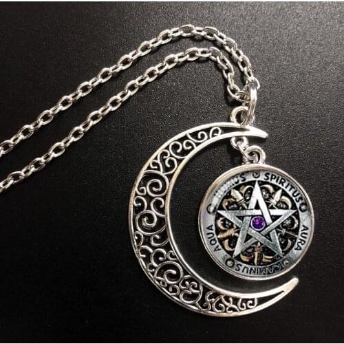 2020 Hot Pentagram Moon Wiccan Pagan Necklace Printed Photo Pendant Glass Cabochon Necklaces 20mm Round Fashion Jewelry Gifts