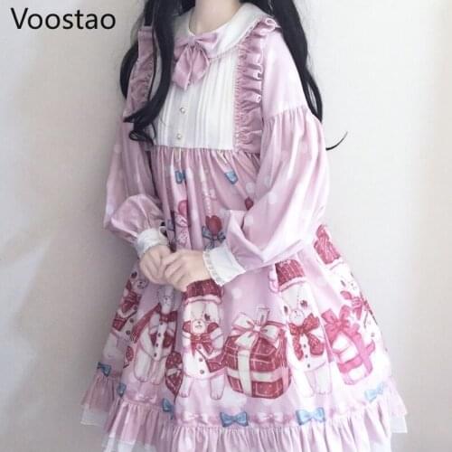 Japanese Sweet Lolita Op Dress Women Vintage Victorian Cartoon Bear Print Bow Ruffles Princess Tea Party Dresses Girl Loli Dress