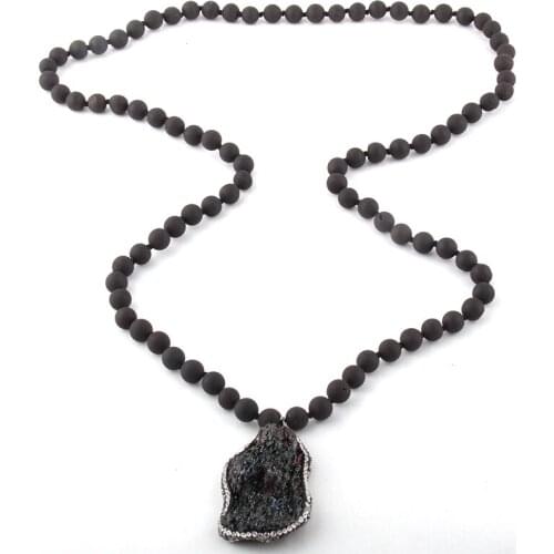 Fashion Bohemian Jewelry Long Knotted Natural Irregular Druzy Bead & Handmake Paved Stone Necklaces For Women Necklace