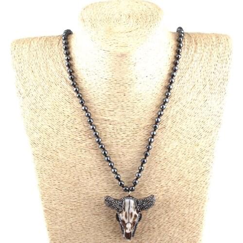 MOODPC Fashion Faceted Hematite Stone Handmade Crystal Paved Bull Head Sheep Pendant Necklaces Women Ethnic Necklace