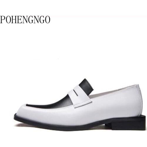 Mens New genuine leather dress shoes white black oxfords square toe slip-on wedding shoes British Luxury Men business work shoes