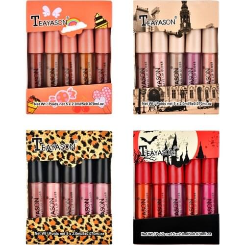 TEAYASON 5pcs/set Matte Lipstick Set Lip Glaze Lip Gloss Liquid Lipstick Non-stick Cup Nude Gift for Girlfriend Daily Cosmetics