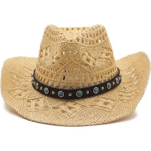New Straw Western Cowboy Hats for Women Summer Beach Sun Hats Hollow Knitted Caps with blue gems Fashion Cap Hat шляпа женская
