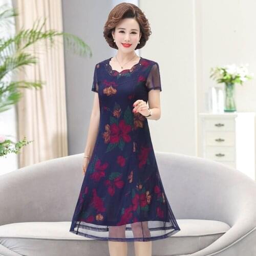 2020 New Summer Middle Aaged Women Mother Short Sleeve Midi Dress Female Fashion Loose Plus Size 4xl Dresses Vestitos W124