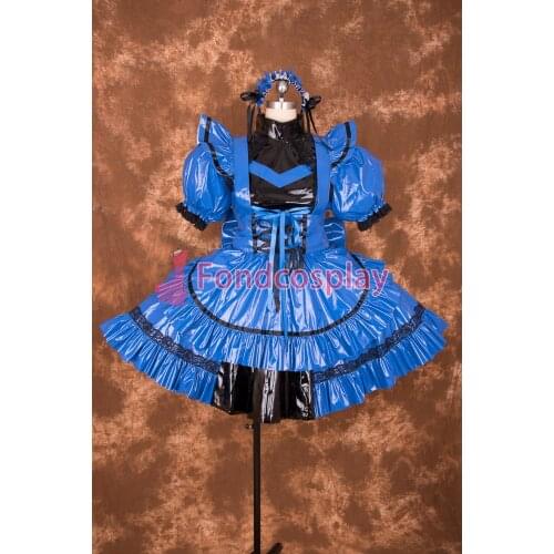 Sexy Lockable Blue PVC Sissy Maid Short Dress Cosplay Costume Uniform[P007]