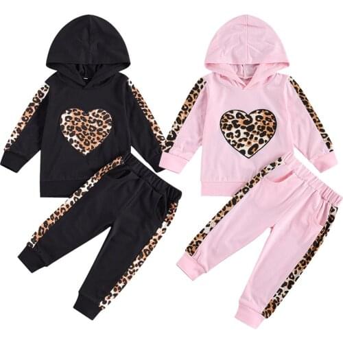 1-5Y Autumn Winter Kid Children Baby Girls Clothes Set Long Sleeve Hooded Heart Sweatshirt Leopard Pants Outfits