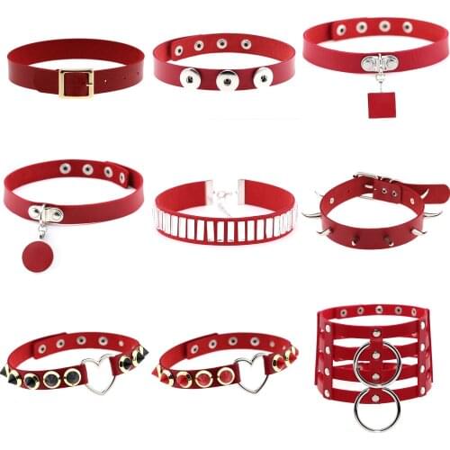 Gothic Necklaces for Women Choker Nightclub Queen Punk Spiked Rivet Red Leather Sexy Collar Neckband Clavicle Chain Goth Jewelry