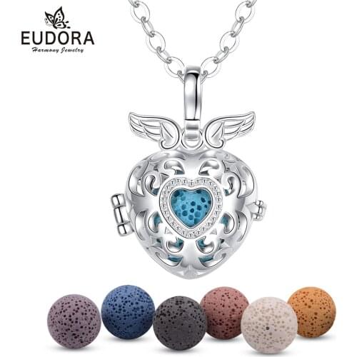 EUDORA NEW 14mm Aromatherapy Perfume Essential Oils Diffuser Necklace hollow Heart Locket Cage Pendant with Fun Lava Stone K123
