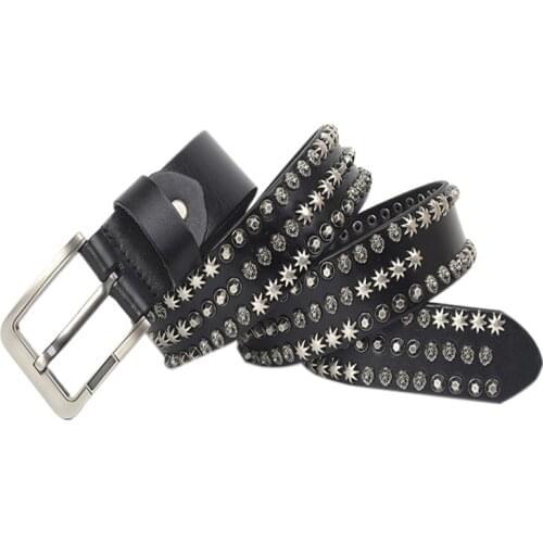 Metal Chain Cowskin Belt Cowboy Jeans Belts For Men Punk Leather Belt Men Genuine Leather Waist Belt Wide Cinturon Hombre