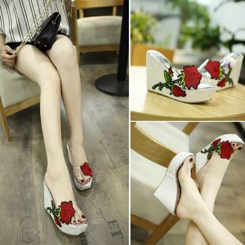 Rose flower platform wedges ladies slippers transparent slip-ons sequins slides summer women shoes creepers plus size flip flops
