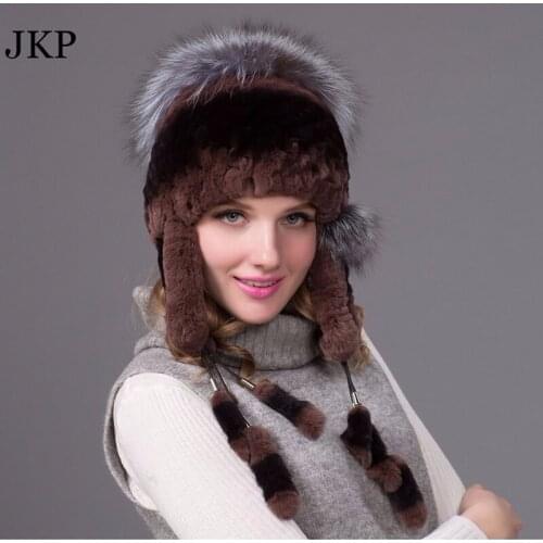 New real Rex rabbit fur womens autumn and winter warm caps ear fox fur ball jewelry fashion rabbit fur knit hat female THY-11
