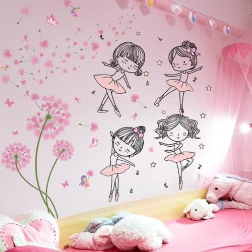 [shijuekongjian] Cartoon Girl Dancer Wall Stickers DIY Dandelion Flower Wall Decals for Kids Room Baby Bedroom House Decoration