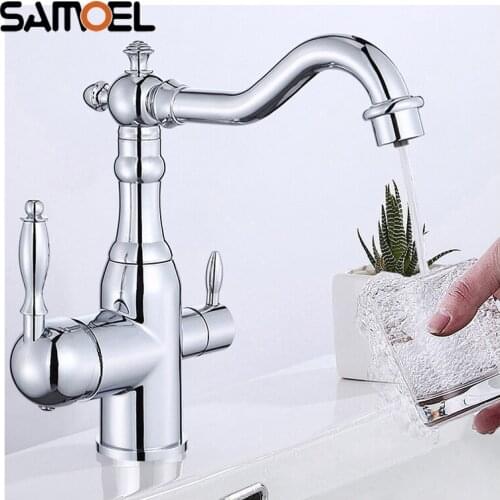 European Style Brass Classic Dual Handle 3-way Purified Kitchen Faucet Chrome Silver Sink Drinking Water Mixer Tap 1246C