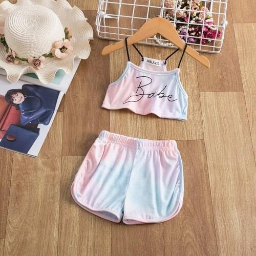 2021 New Summer Colorful Tracksuits Kids Clothes Set Rainbow Sport Backless Tops+Short Pants 2pcs Outfits Toddler Girls Clothing