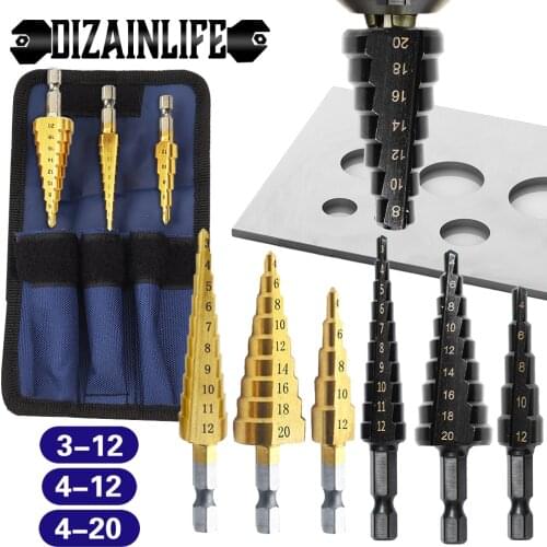 HSS Step Drill Bit Set Titanium Coated Straight Groove Pagoda Step Cone Drill Bit Drilling Power Tool for Wood Metal Hole Cutter
