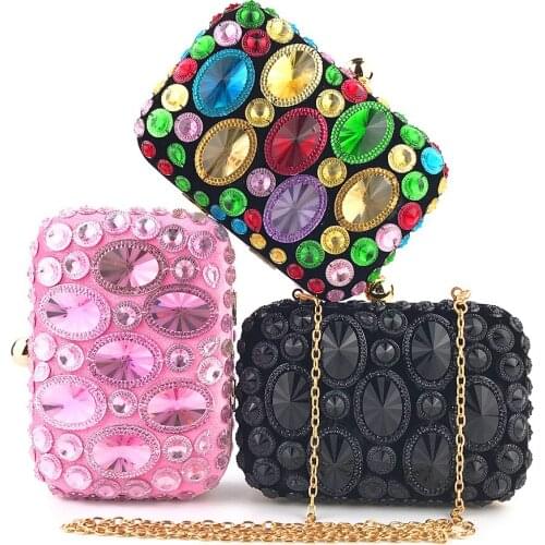 Handmade Double Faced Crystal Gem Beading Evening Bag Black Pink Colorful Rhinestone Day Clutches Wedding Bride Phone Handbag